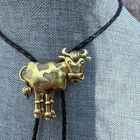 Cow Bolo Tie  Southwest Americana Cute Brassy Holstein with Hearts Retro - Picture 5 of 6